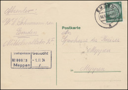 Hindenburg 6 Pf EF Postkarte EMDEN 30.10.34 Nach Meppen Stadtsparkasse 1.9.34 - Münzen