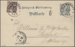Württemberg Postkarte P 41 Ziffer 2 Pf + Zusatzfr. DV: 21 3 01 ELLWANGEN 27.8.01 - Postwaardestukken