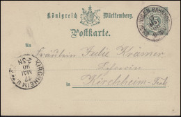 Württemberg P 34 Ziffer 5 Pf Ohne DV, ESSLINGEN BAHNHOF17.5.90 Nach KIRCHHEIM - Postal  Stationery