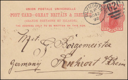 Großbritannien Postkarte P 26 DUP PLYMOTH 620 - 12.11.1892 Nach Ruhrort/Rhein - Andere & Zonder Classificatie