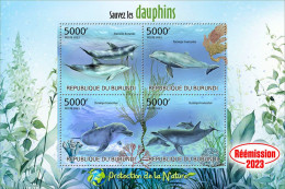 Burundi 2023, Animals, Dolphins I, Re-issued, 4val In Block - Neufs