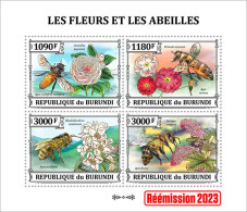 Burundi 2023, Flower And Bees, Re-issued, 4val In Block - Ongebruikt