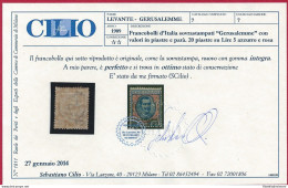 1909-11 GERUSALEMME, N° 7  20 Piastre Su 5 Lire  MNH/**  Certificato Cilio RARO - Altri & Non Classificati