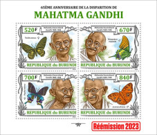 Burundi 2023, Gandhi And Butterfly, 4val In Block - Vlinders