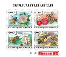 Burundi 2023, Flower And Bees, Re-issued, 4val In Block - Honingbijen