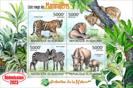 Burundi 2023, Animals, Tiger, Lion, Zebra, Rhino, Re-issued, 4val In Block - Rhinoceros