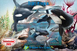 Burundi 2023, Animals, Orcas And Sharks, Re-issued, 4val In Block - Ballenas