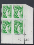 France N°2101  Type Sabine : 1 F. 20 Vert En Bloc De 4 Coin Daté  Du 20. 5 . 80 ;  Sans Trait, Sans Charnière TB - 1980-1989