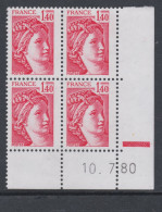 France N°2102  Type Sabine : 1 F. 40 Rouge En Bloc De 4 Coin Daté  Du 10 . 7 . 80 ;  1 Barre, Sans Charnière TB - 1980-1989