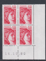 France N°2102  Type Sabine : 1 F. 40 Rouge En Bloc De 4 Coin Daté  Du 16 . 10 . 80 ;  Sans Trait, Sans Charnière TB - 1980-1989