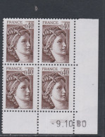 France N° 2118 Type Sabine : 40 C. En Bloc De 4 Coin Daté Du 9 . 10 . 80 ;  2 Traits Trait ; Sans Charnière, TB - 1980-1989