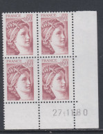 France N°2119  Type Sabine : 60 C. Brun Rose En Bloc De 4 Coin Daté  Du 27 . 11 . 80 ;  Sans Trait, Sans Charnière TB - 1980-1989
