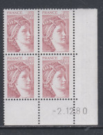 France N°2119  Type Sabine : 60 C. Brun Rose En Bloc De 4 Coin Daté  Du 2 . 12 . 80 ;  Sans Trait, Sans Charnière TB - 1980-1989