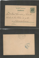 MARRUECOS - German. 1909. Tanger - Barcelona, Spain. 5c Green Spanish Curency Ovptd Stat Card At Pm Rate. Fine Used. Sca - Maroc (1956-...)