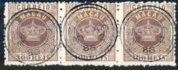 MACAU. 9º (x3). Perf 12 1/2. Horiz. Strip Of Three. 1888 Crown Issue. 300rs Red-chestnut, Cancelled My / 2 / 88. V. Fine - Other & Unclassified