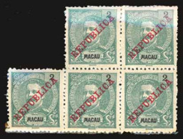 MACAU. 151**/*** (x5). 1911. D. Carlos I, Lisbon "Republica". BLOCK OF FIVE. V. Fine. - Sonstige & Ohne Zuordnung