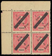 MACAU. 145*. 1911. D. Carlos I With Tax. 2as 4a/carmine. BLOCK OF FOUR, Upper Left Corner Of Sheet, With Margin Borders. - Sonstige & Ohne Zuordnung