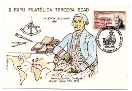 Tarjeta Con Matasellos Commemorativo De Jorge Juan 1986 - Storia Postale