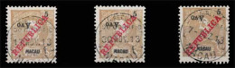 MACAU. 198º. 1913 D. Carlos Mouchon Ovpted Issue. ½ S /5a Yellow Chestnut INVERTED Value Ovpts. 3 Used Copies, Showing D - Otros & Sin Clasificación