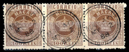 MACAU. 9º. 1884 Crown Issue. 300rs Brown Red Chocolate, Perf. 12½  Horiz. STRIP OF THREE, Used "MY 2/88" Extremely Scarc - Other & Unclassified