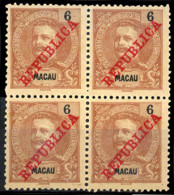 MACAU. 1911. D. Carlos I Ovpted. "Republica". 6avo Red Chestnut. BLOCK OF FOUR. V. Fine Mint. (Af. 155) V. Scarce. - Otros & Sin Clasificación