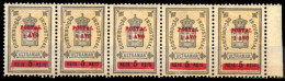 MACAU. 1911. Fiscal, Ovpted Local. "Postal/1Avo/-" In Red. (Af. 144). An Excellent HORIZONTAL STRIP OF FIVE With Margin  - Other & Unclassified