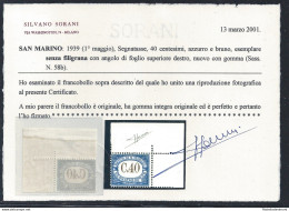 1939 SAN MARINO, Tasse N. 58b - 40 Cent Azzurro E Bruno - Senza Filigrana - MNH* - Variedades Y Curiosidades