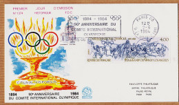 14288 / FDC LOS ANGELES JEUX OLYMPIQUES 90eme Anniversaire C.I.O 1894-1984 Flamme PARIS Dessin VERET LEMARINIER N°1374 - Ete 1984: Los Angeles