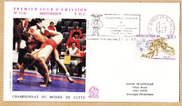 14281 / FDC Championnat Du Monde De LUTTE 21 Aout 1987 Flamme CLERMONT-FERRAND  Premier Jour Emission N° 1536 - Wrestling