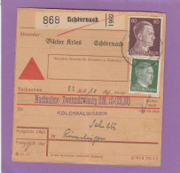 PAKETKARTE PER NACHNAHME AUS ECHTERNACH(VICTOR KRIES TABAKFABRIK) NACH RÜMELINGEN,1943. - 1940-1944 Ocupación Alemana