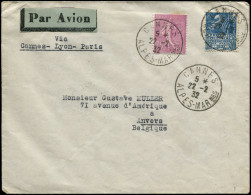FRANCE 1° Vols LET - 22/02/32, Cannes/Paris/(Belgique), Enveloppe (Saul 7 B) - First Flight Covers