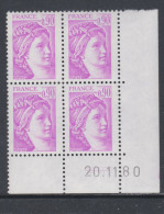 France N° 2120  Type Sabine : 90 C. Lilas-rose En Bloc De 4 Coin Daté  Du  20 . 11 . 80 ; 2 Traits, Sans Charnière TB - 1980-1989