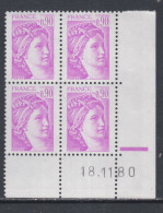 France N° 2120  Type Sabine : 90 C. Lilas-rose En Bloc De 4 Coin Daté  Du  18 . 11 . 80 ; 1 Barre ; Sans Charnière TB - 1980-1989