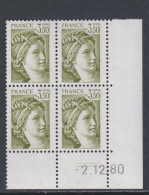 France N° 2121  Type Sabine : 3 F. 50 Vert-olive En Bloc De 4 Coin Daté  Du 2 . 12 . 80 ;  2 Traits, Sans Charnière TB - 1980-1989