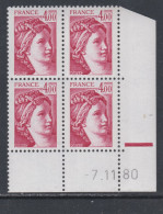 France N° 2122a  Type Sabine Gomme Tropicale : 4 F.00.  En Bloc De 4 Coin Daté  Du  7. 11 . 80 ; Une Barre, Sans Ch. TB - 1980-1989