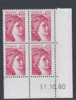 France N° 2122  Type Sabine : 4 F. Carmin En Bloc De 4 Coin Daté  Du  31 . 10 . 80 ; Sans Trait, Sans Charnière TB - 1980-1989