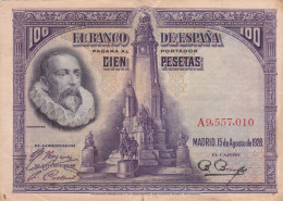 ESPAGNE - 100 PESETAS 1928 - CERVANTES N° Série A9557010 - 100 Pesetas