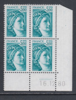 France N° 2123  Type Sabine : 5 F. Bleu En Bloc De 4 Coin Daté  Du  16 . 12 . 80 ; 2 Traits, Sans Charnière TB - 1980-1989