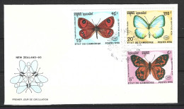 CAMBODGE. N°943 & 945-6 Sur Enveloppe 1er Jour (FDC) De 1990. Papillons. - Vlinders