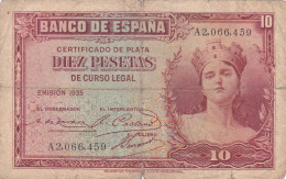 ESPAGNE - 10 PESETAS 1935 - Femme Couronnée Allégorie De La République N° Série A2066459 Série A - 10 Pesetas