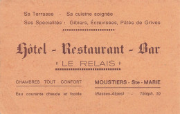 Moustiers Ste Marie * Hôtel Restaurant Bar LE RELAIS * Carte De Visite Ancienne - Autres & Non Classés