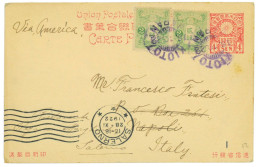 P2784 - JAPAN, 4 SEN RATE FOREIGN POST CARD, WITH 4 SEN ADDED STAMPS TO UPGRADE THE RATE TO ITALY, KIOTO TO SALERNO 1922 - Brieven En Documenten