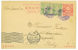 P2784 - JAPAN, 4 SEN RATE FOREIGN POST CARD, WITH 4 SEN ADDED STAMPS TO UPGRADE THE RATE TO ITALY, KIOTO TO SALERNO 1922 - Cartas & Documentos