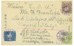 P2786 - JAPAN , 3 COLOR FRANKING 1 ½ SEN POST CARD, UPGRADED TO 4 SEN , FROM OSAKA TO NAPOLI 1921 - Cartas & Documentos