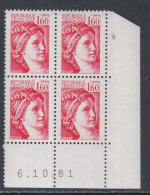 France N° 2155  Type Sabine : 1 F. 60 Rouge En Bloc De 4 Coin Daté  Du  6 . 10 . 81 ;  Sans Trait, Sans Charnière TB - 1980-1989