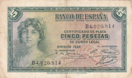 ESPAGNE - 5 PESETAS 1935 - Femme Couronnée Allégorie De La République N° Série B4020814 Série B - 5 Pesetas