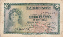 ESPAGNE - 5 PESETAS 1935 - Femme Couronnée Allégorie De La République N° Série C5602108 Série  C - 5 Pesetas