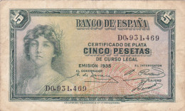 ESPAGNE - 5 PESETAS 1935 - Femme Couronnée Allégorie De La République N° Série D0931469 Série  D - 5 Pesetas