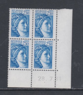 France N° 2156  Type Sabine : 2 F. 30 Bleu En Bloc De 4 Coin Daté  Du 28 . 7 . 81 ; Sans Trait  ; Sans Charnière TB - 1980-1989