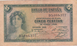 ESPAGNE - 5 PESETAS 1935 - Femme Couronnée Allégorie De La République N° Série D3080377 Série  D - 5 Pesetas